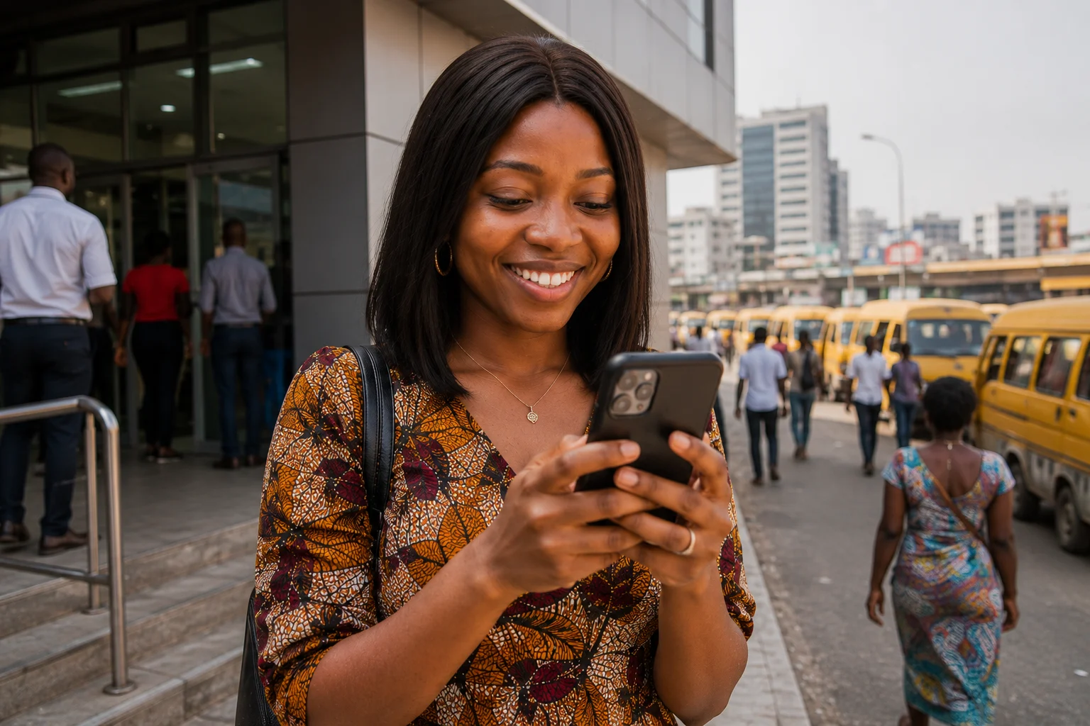 Nigerian woman in Lagos receiving money transfer notification on phone