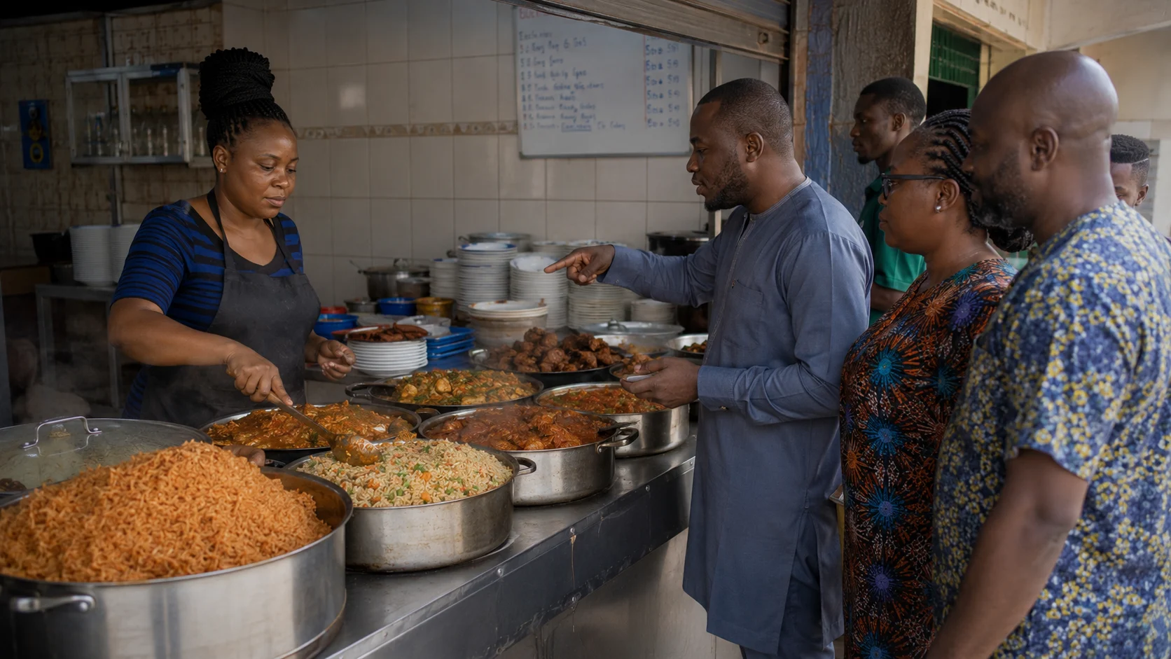 Lagos buka counter with pots of jollof rice and stewed chicken