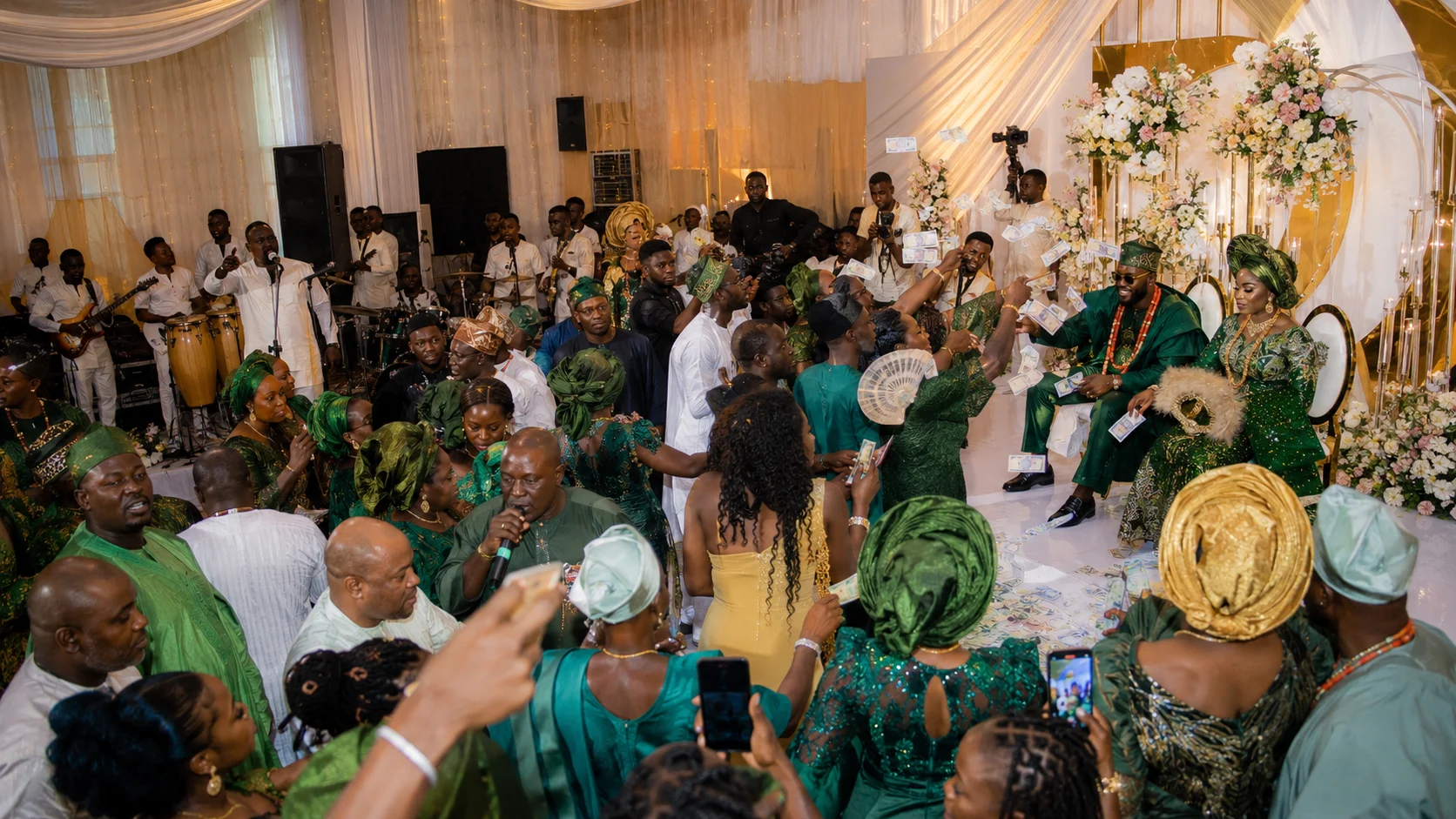 Vibrant Lagos owambe wedding reception with guests in matching asoebi
